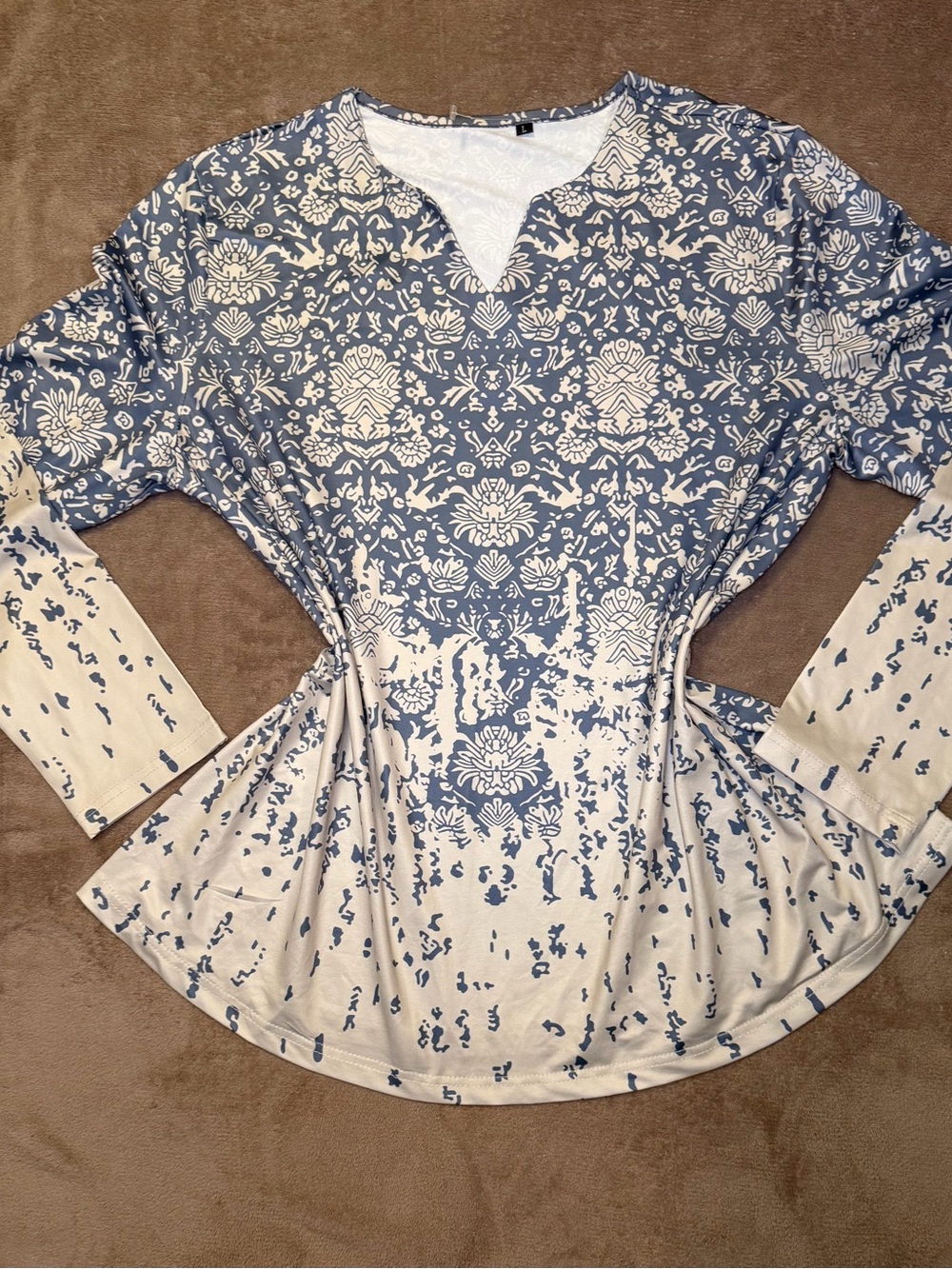 Women’s Blue Floral Tunic Top Long Sleeve V-Neck Boho Blouse Size L